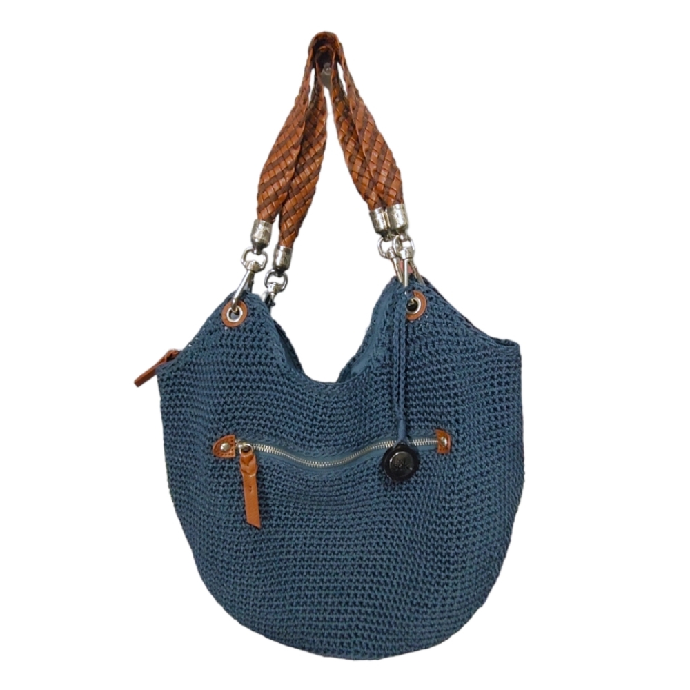 The Sak Blue Crochet Knit Woven Leather Handle Hobo Shoulder Bag Purse Satchel